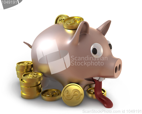 Image of Unhappy overflown piggy bank full of coins 