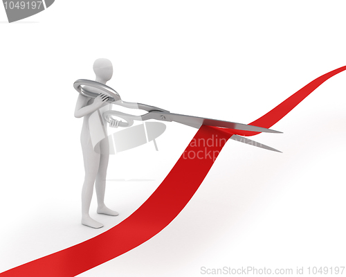 Image of 3D white man cuts ribbon with large scissors