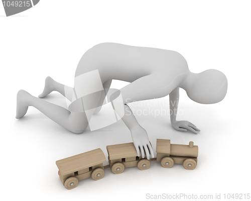 Image of 3D white man plays with wooden train