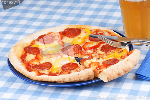 Image of Hot spicy pizza and beer