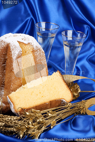 Image of Christmas composition with Pandoro and spumante