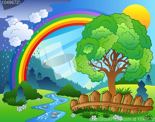Image of Landscape with rainbow and tree