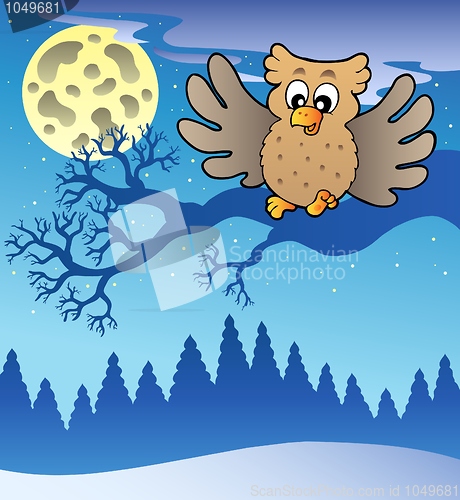 Image of Cute flying owl in snowy landscape