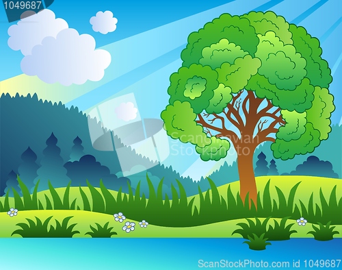 Image of Landscape with leafy tree and lake
