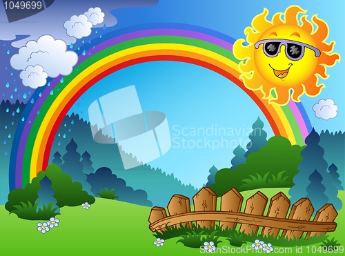 Image of Landscape with rainbow and Sun