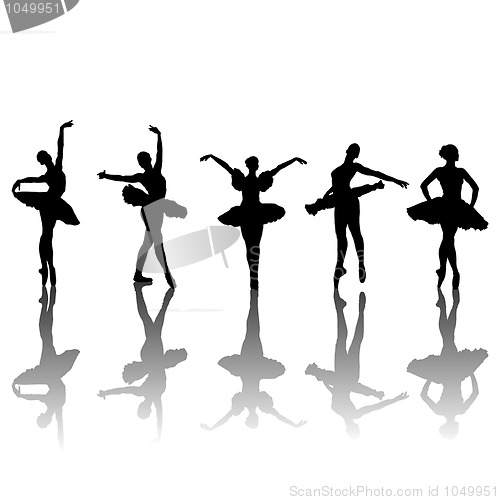 Image of Five ballet dancers silhouettes in different positions, vector i