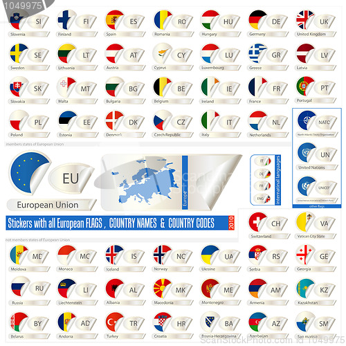 Image of stickers with all european counrtys  flags, names end abbreviati
