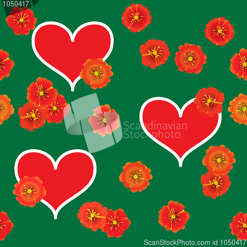 Image of Background with red hearts and orange flowers