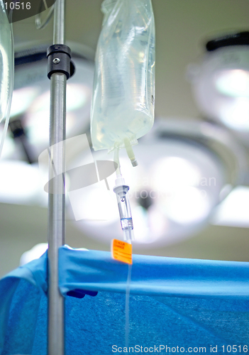 Image of An IV (intravenous) bag containing life sustaining fluid hangs on a pole in the operating room. (14MP camera)