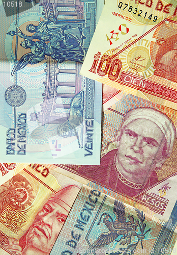 Image of Various denominations of pesos, money from Mexico, Mexican currency.  Banco de Mexico. (macro,14MP camera)