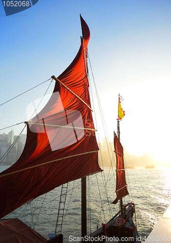 Image of sailboat flag in Hong Kong harbor