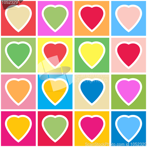 Image of Background with multicolor hearts on grid