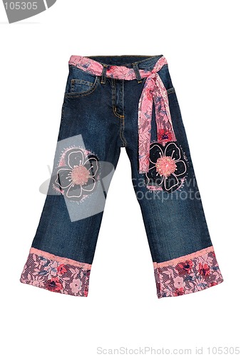 Image of Blue children girl jeans with pink flowers pattern isolated on w