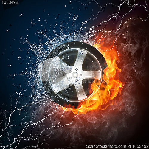 Image of Car Wheel in Flame and Water