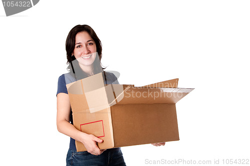 Image of Woman carrying open moving storage box