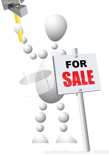 Image of Man mounts a sign announcing the sale of