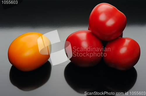 Image of Multicolored tomatoes on a black backgrouns