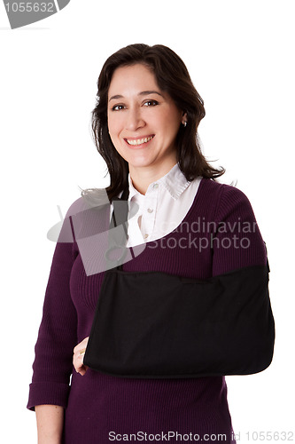 Image of Woman with broken arm in sling