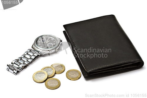Image of Black wallet,watch and coins