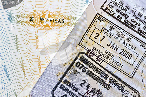 Image of Background of passport stamps closeup 