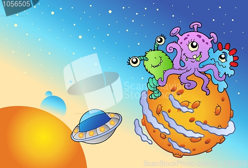 Image of Spacescape with three cute aliens