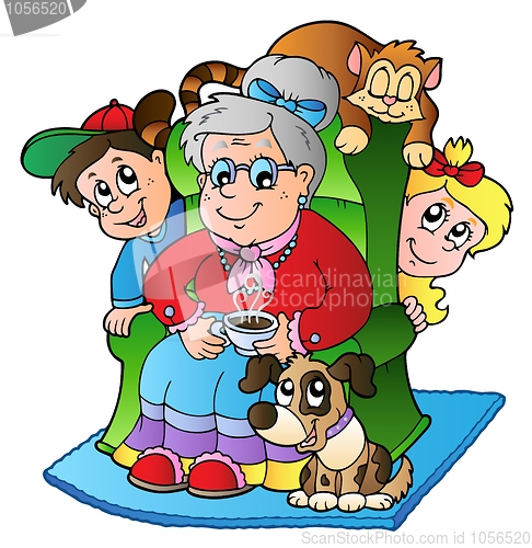 Image of Cartoon grandma with two kids