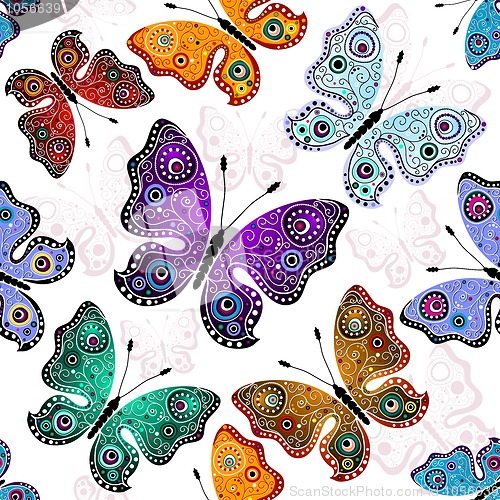 Image of Seamless white pattern with butterflies