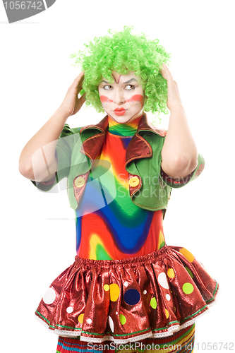 Image of Portrait of pensive female clown