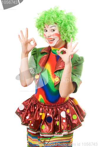 Image of Portrait of happy female clown