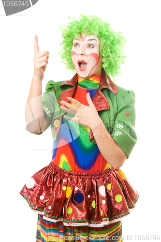 Image of Portrait of surprised female clown