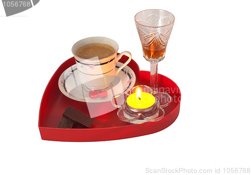 Image of Romantic breakfast with chocolate and liqueur on red heart shaped tray