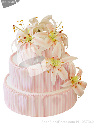 Image of Three Tiered Iced Cake with Icing Orchid Decoration 