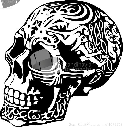 Image of skull with a decorative carving