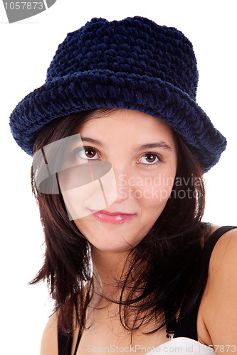 Image of Beautiful young woman smiling,with blue hat