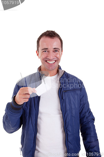 Image of Portrait of a handsome man, with blank business card in hand