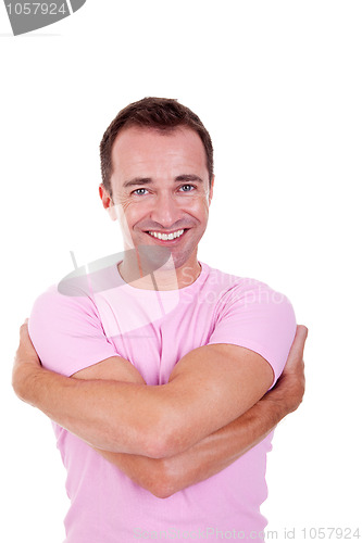 Image of handsome middle-age man, smiling and embracing