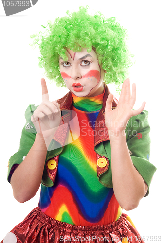 Image of Portrait of serious female clown