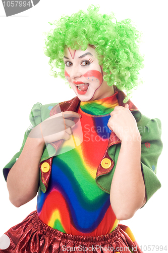 Image of Portrait of female clown showing tongue