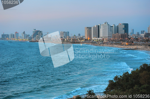 Image of Sea coast and the view of Tel Aviv at the evening