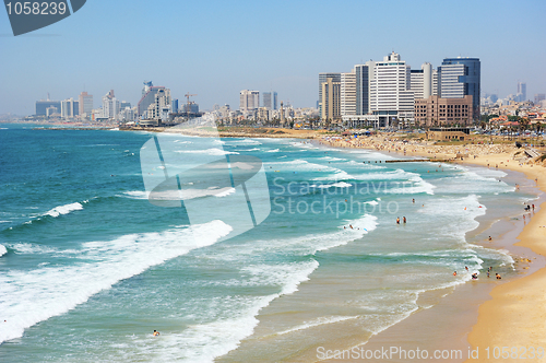 Image of Sea coast and the view of Tel Aviv at the evening