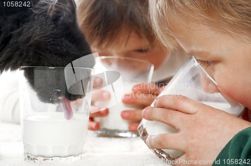 Image of children and cat drinking milk 