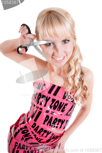 Image of Girl in pink tape dress