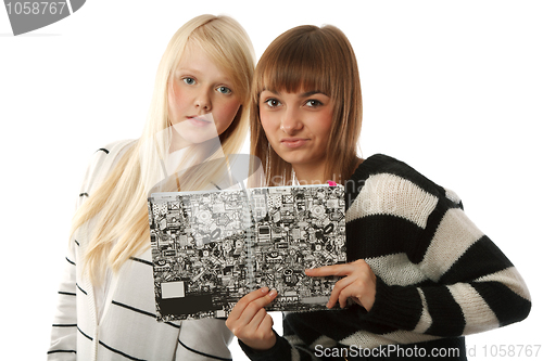 Image of Portrait two beautiful girls in striped cloth