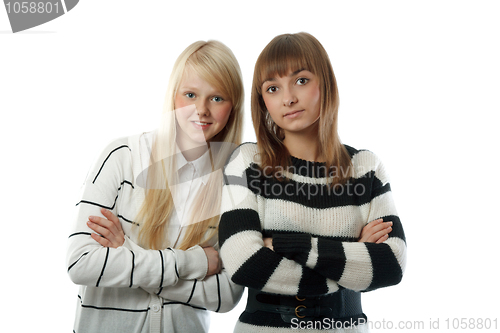 Image of Portrait two beautiful girls in striped cloth