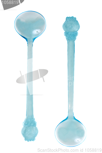 Image of Two blue transparent plastic spoons