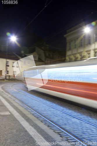 Image of Streetcar at night blurred in Prague