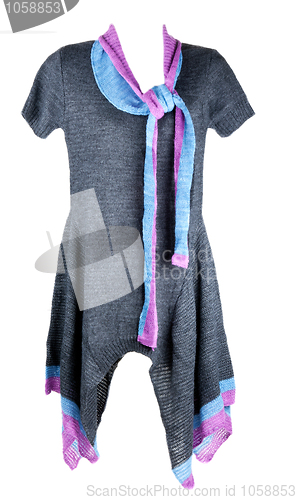 Image of Knitted feminine gown with blue and red scarf on white backgroun