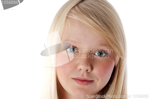 Image of Portrait of the young beautiful blonde insulated on white backgr