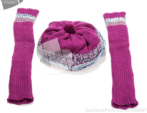Image of Violet knitted winter hat and sleeve covers