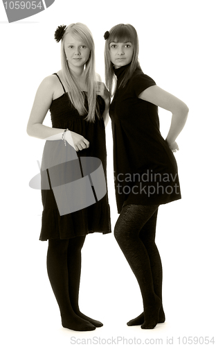 Image of Two girls in black dresses (black and white)